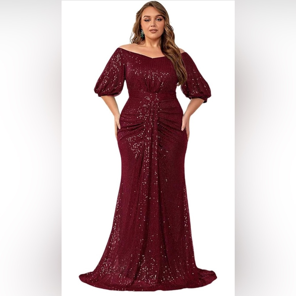 Women's Plus Size Off Shoulder Puff Sleeve Sequin Formal Maxi Dress Party Gowns